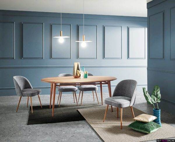 Interior design with blue paint wall, timber dining set and grey terrazzo matt floor